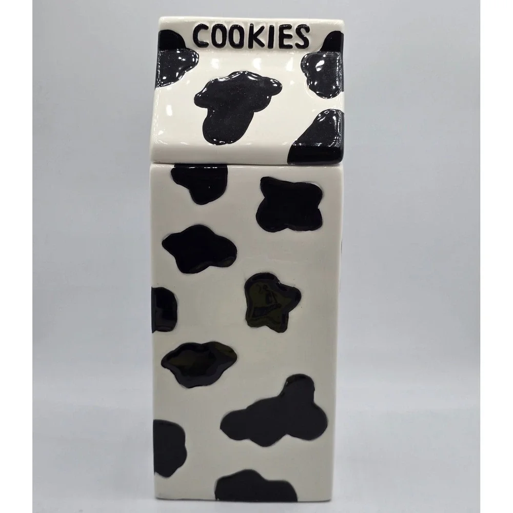 Houston Harvest Cow Print Milk Carton Ceramic Cookie Jar Fresh Cookies and Milk
